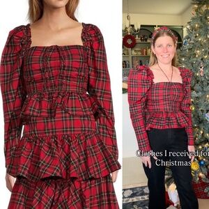 NWT Antonio Melani Elvira Plaid Tie Square Neck Long Puffed Sleeve